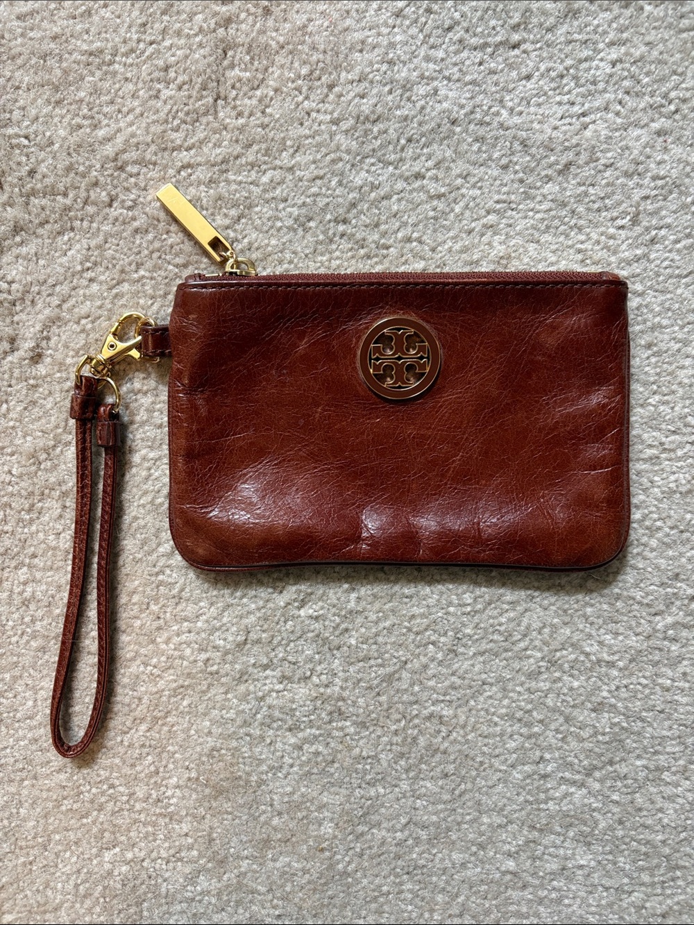Tory Burch Chestnut Brown Leather Wristlet with Gold Logo